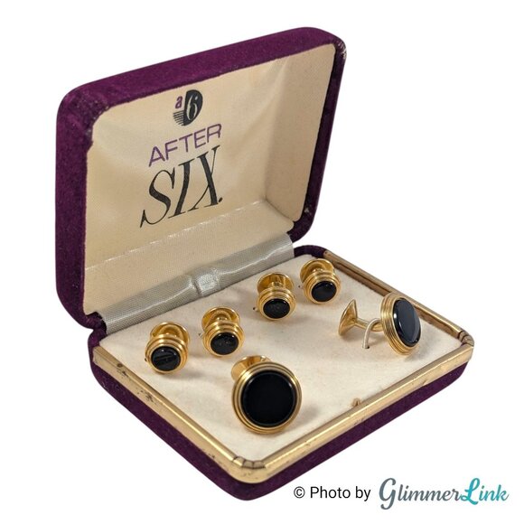 Vintage After Six Gold Tone Black Stone Cufflinks and Shirt Stud Set in Box - Picture 1 of 10